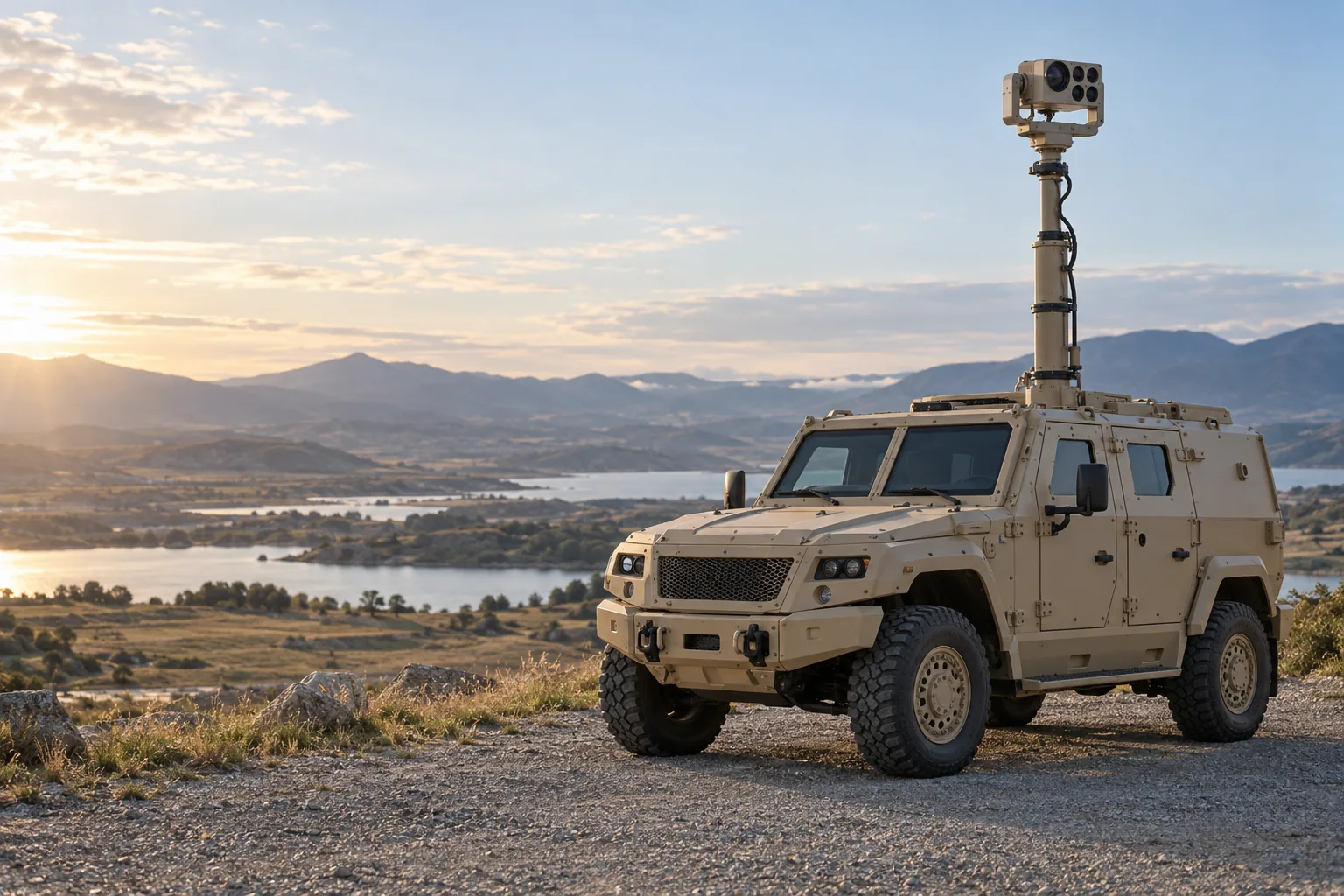 Park hâlindeki hafif zırhlı 4×4 üzerinde mastla tavanın üzerine yükseltilmiş kamera